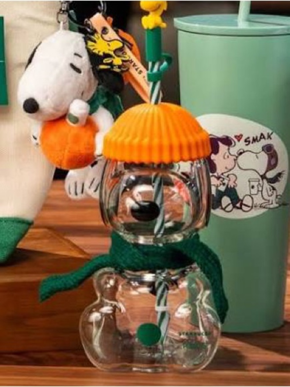 Starbucks Clear Snoopy Snowman Tumbler with Orange Hat and Green Scarf Accent